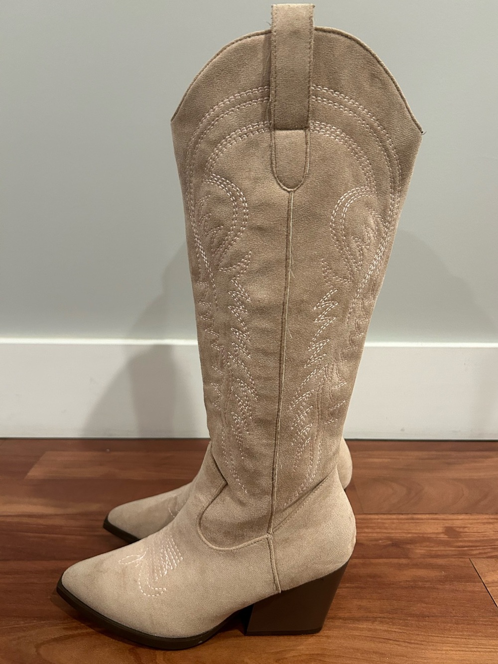 Cowgirl Boots Pointed Toe Block Heel Mid Calf Embroidered Faux Suede Size 6 36 - Picture 13 of 16
